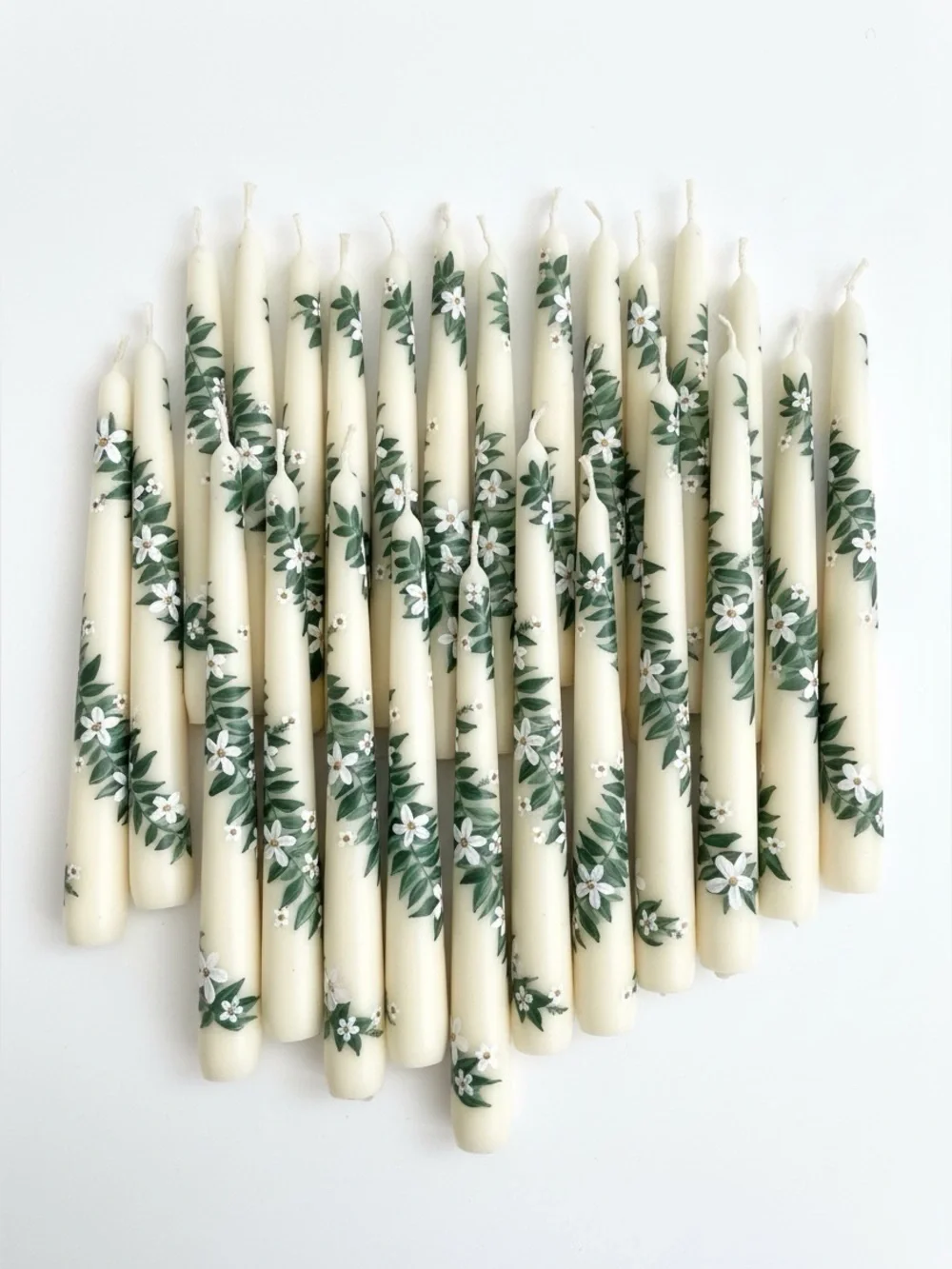 Hand Painted Floral Taper Candles Set – White Green Botanical Decor